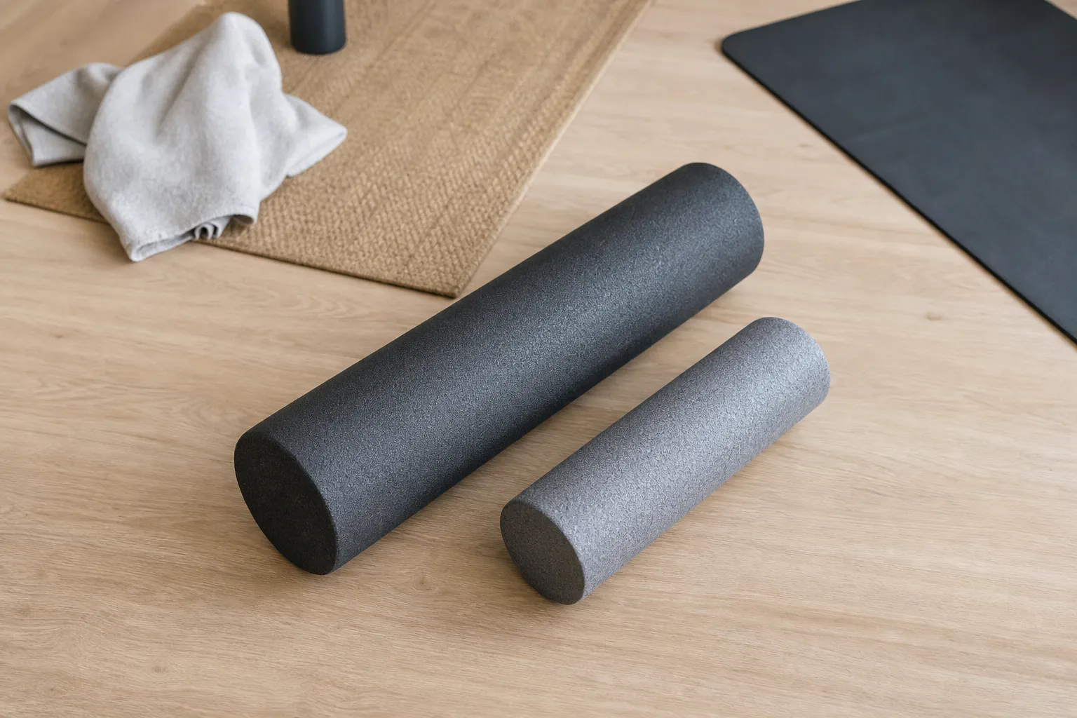 Två foam rollers i olika storlekar liggande bredvid varandra på ett träningsgolv