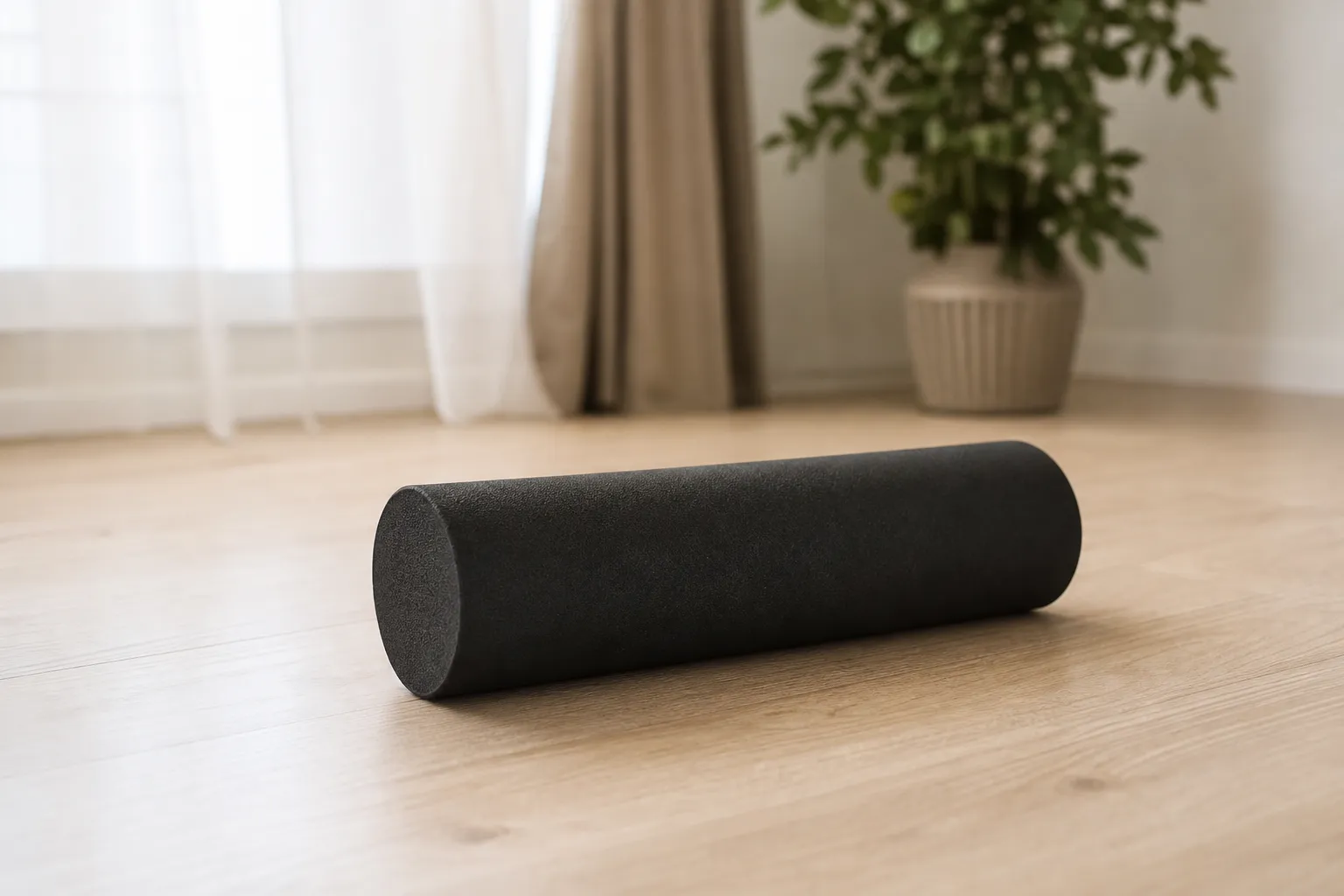 Slät foam roller utan mönster liggande på ett träningsgolv