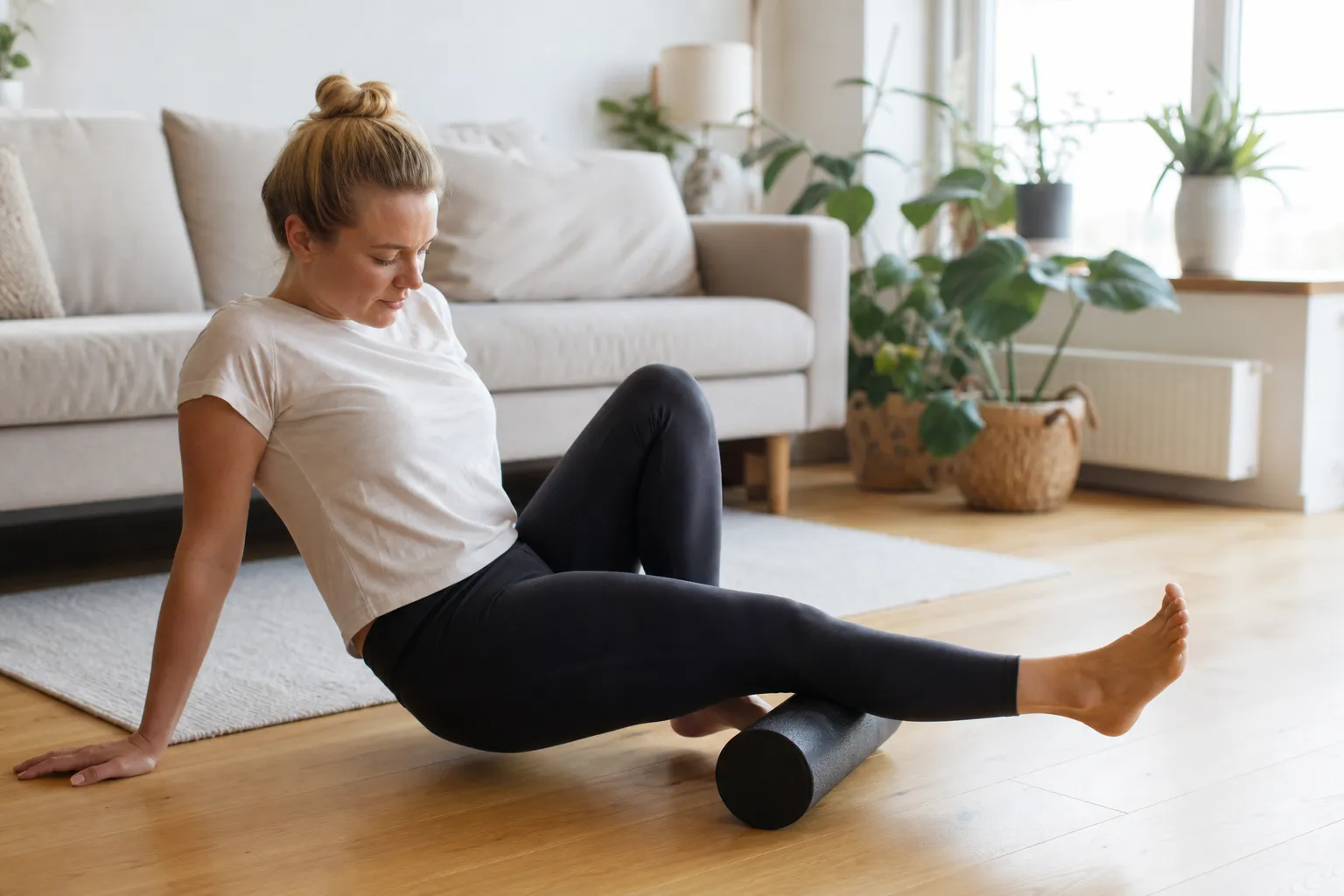 Person rullar underbenet över en foam roller på golvet hemma