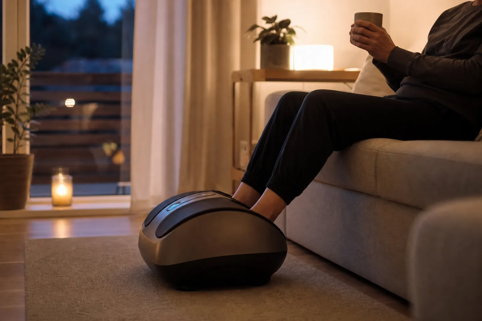 Person som sätter fötterna i en fotmassageapparat i ett skandinaviskt vardagsrum en kväll