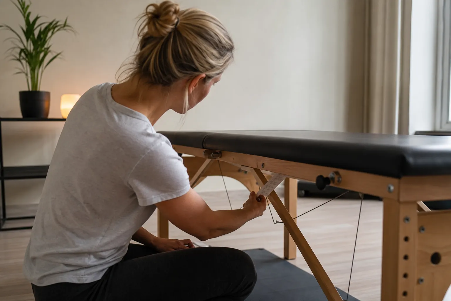 Person läser en specifikationsetikett med belastningsuppgifter under en massagebänk