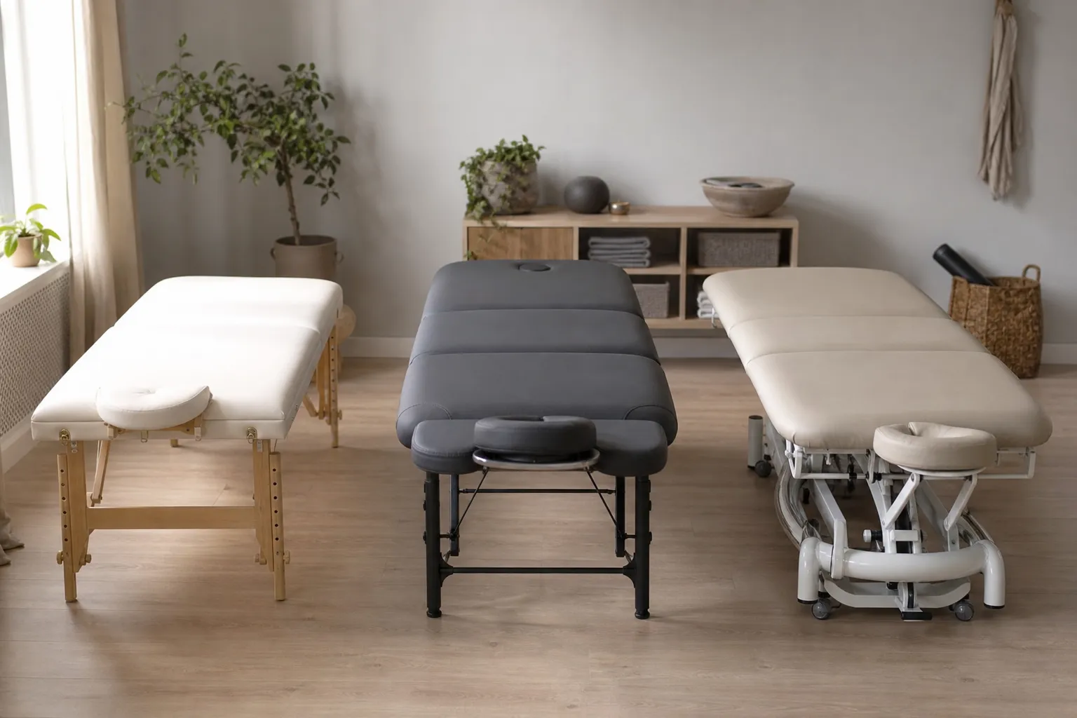 Tre olika massagebänkar uppställda sida vid sida i ett ljust rum för jämförelse