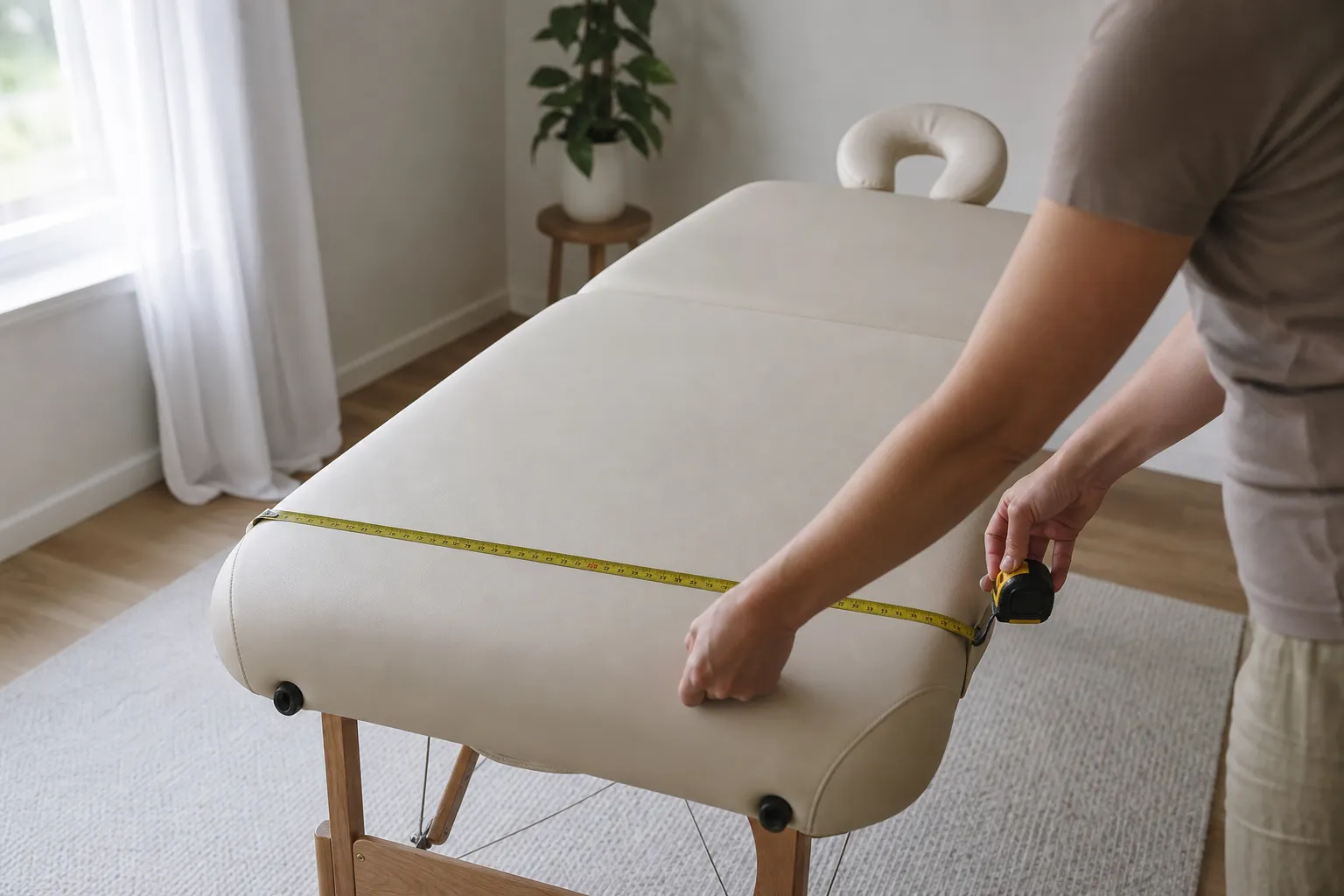 Måttband som mäter bredden på liggytan på en bärbar massagebänk