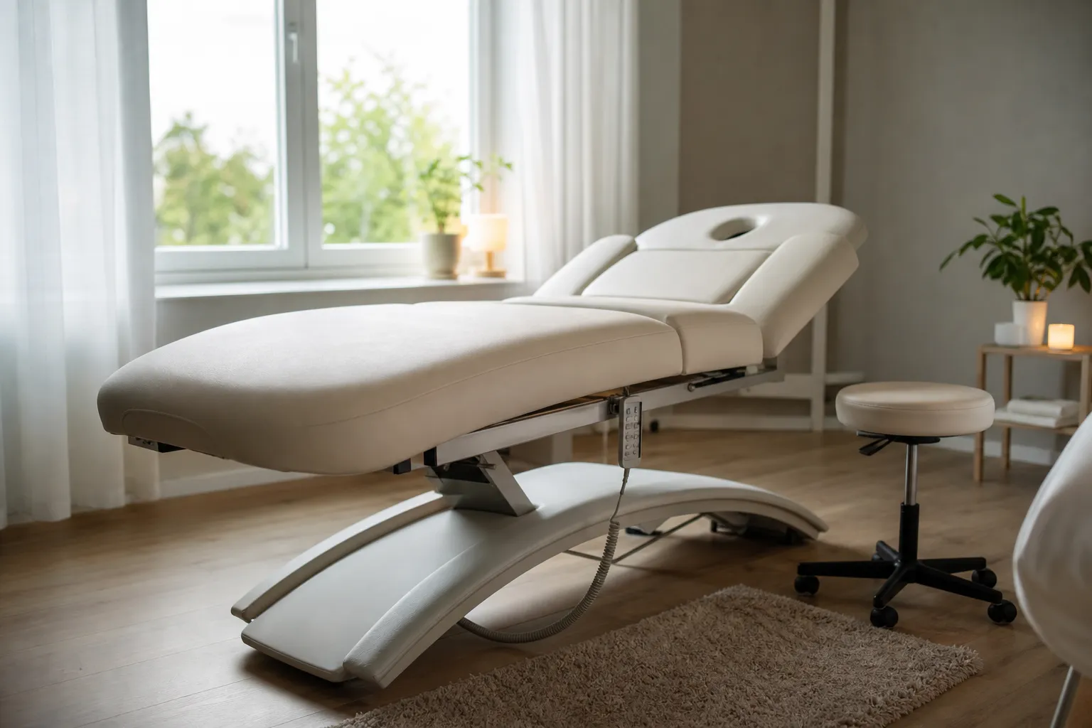 Elektrisk massagebänk med manöverpanel i ett ljust behandlingsrum på en klinik