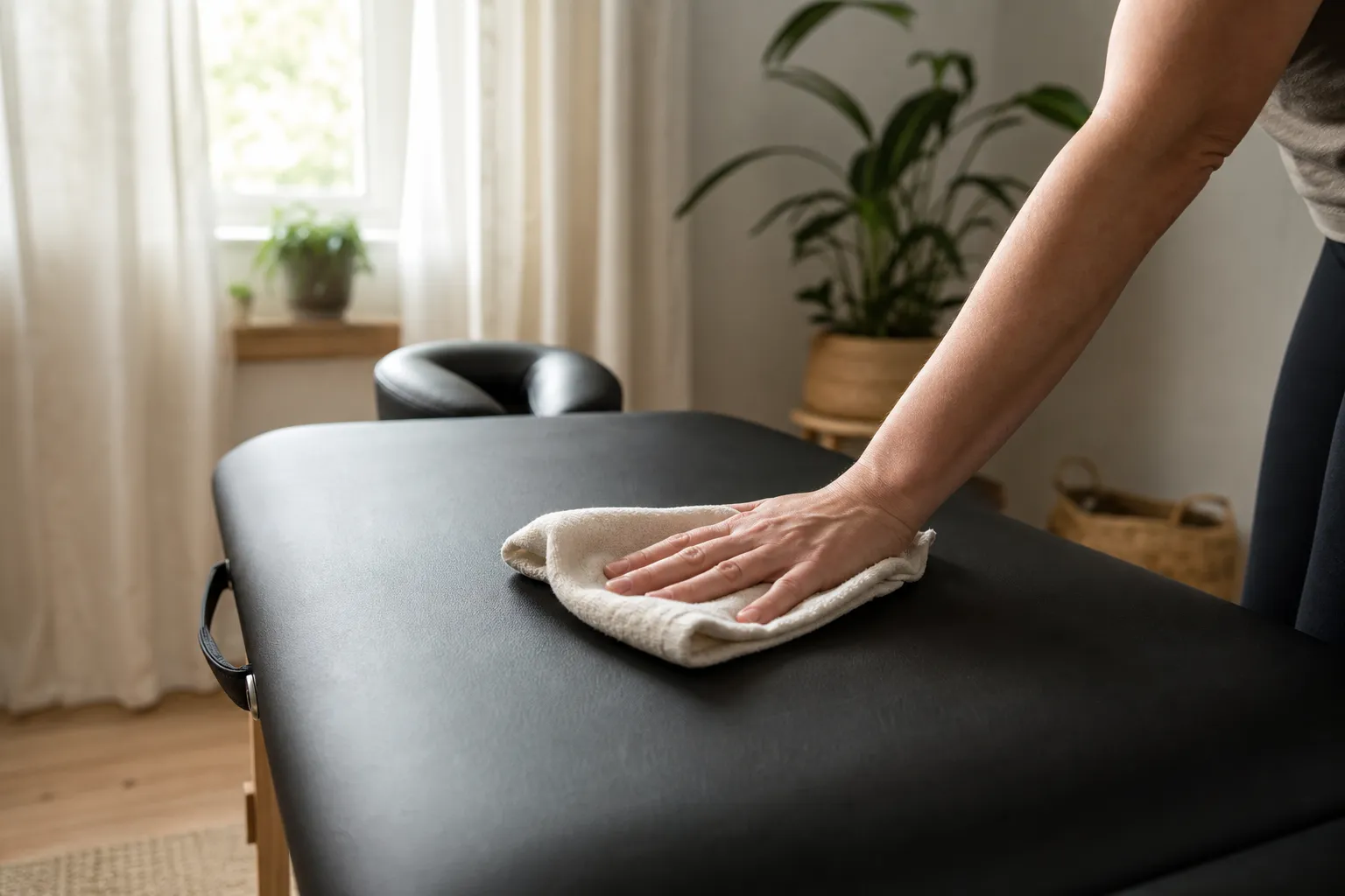 Hand som torkar av konstläderdynan på en massagebänk med en mjuk trasa