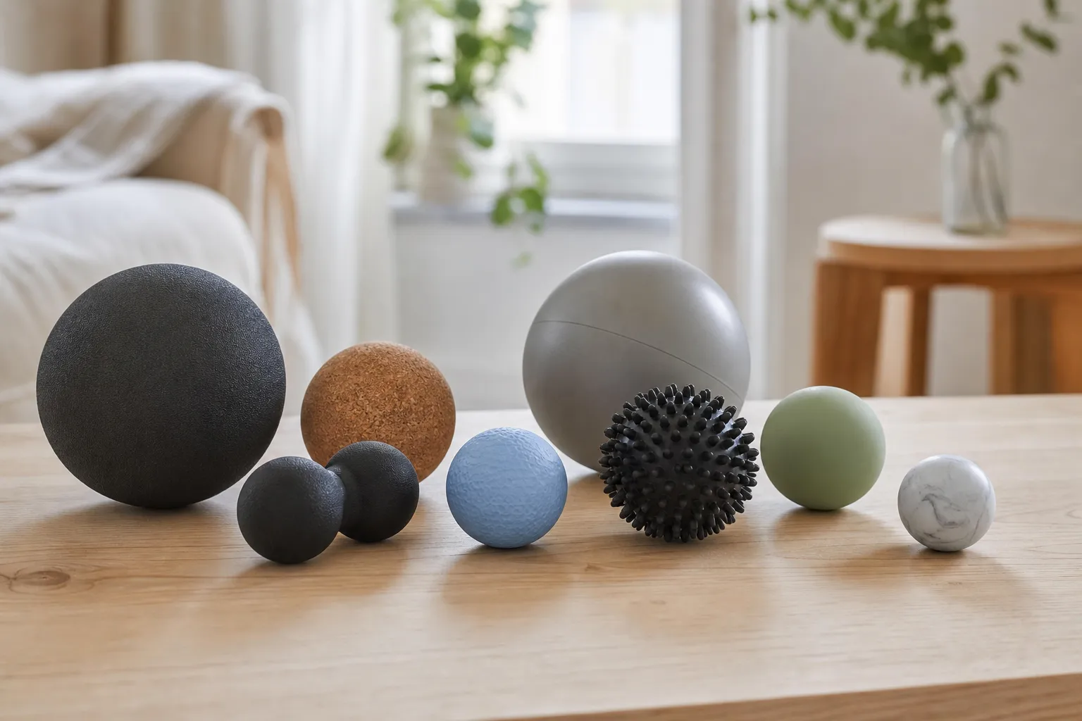 Flera olika massagebollar i skilda storlekar och material uppradade på ett träbord