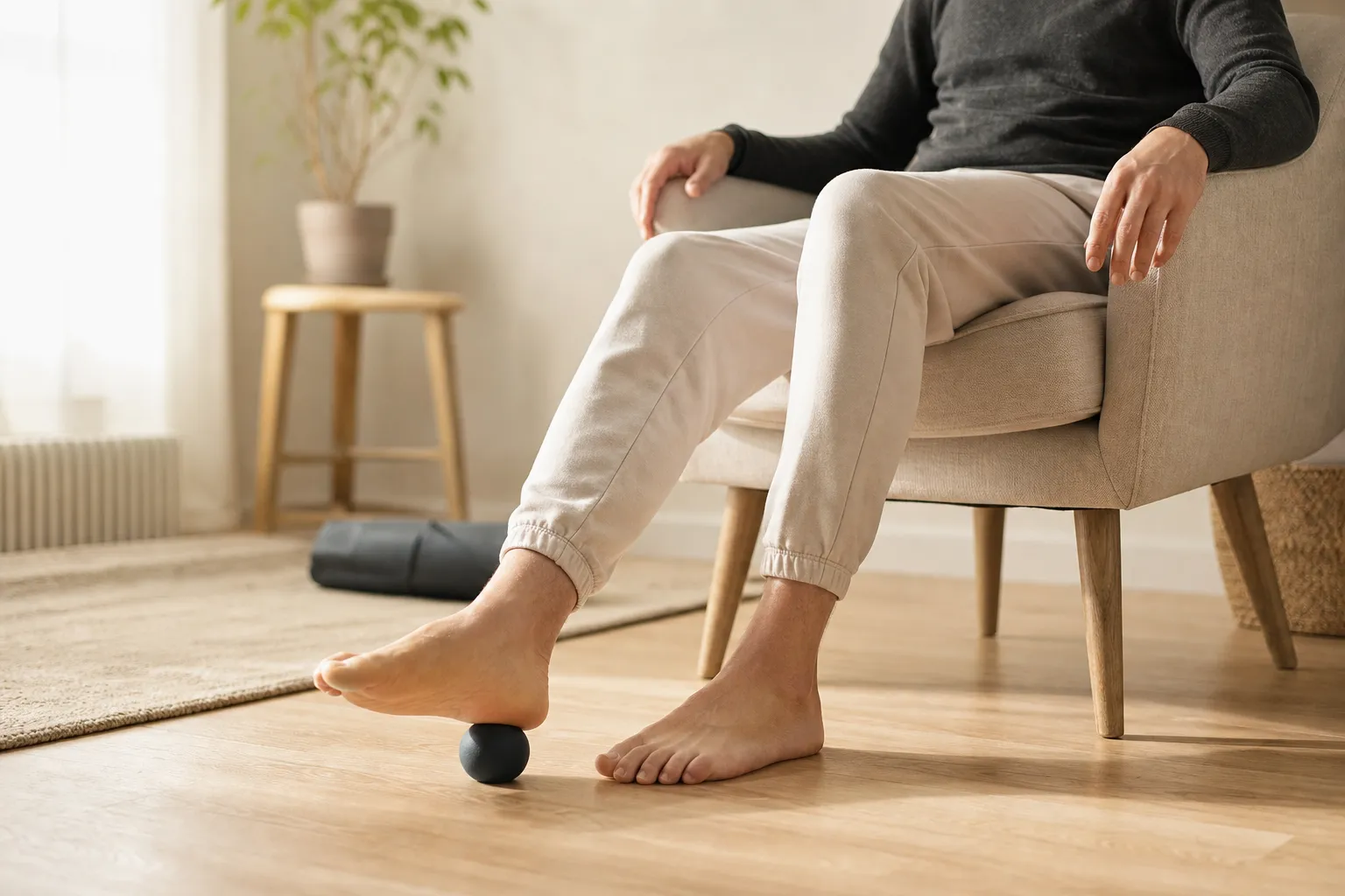Person som sitter i en fåtölj och rullar en massageboll under foten på ett ljust golv