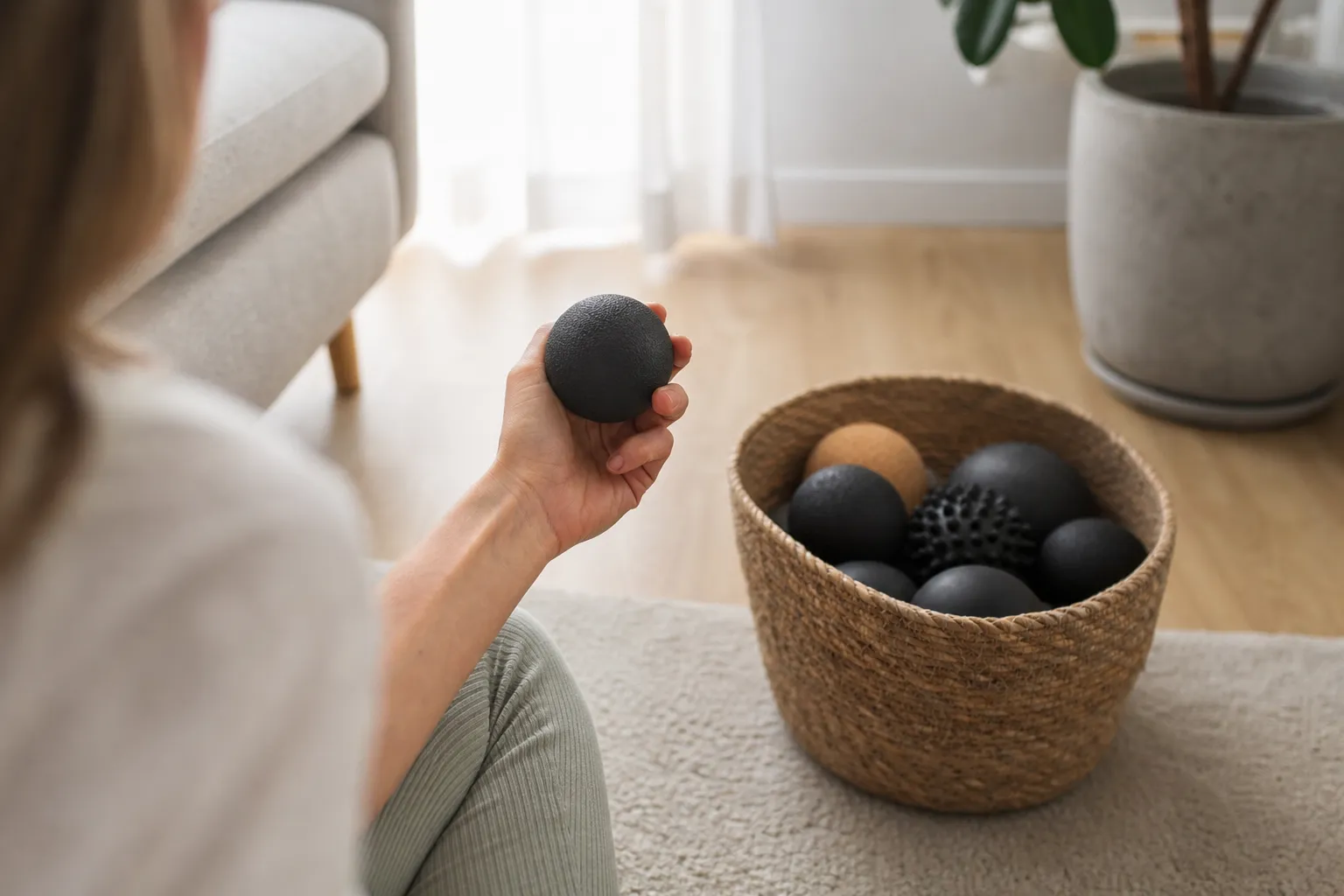 Person som håller en massageboll i handen bredvid en korg med bollar i olika storlekar i ett ljust vardagsrum