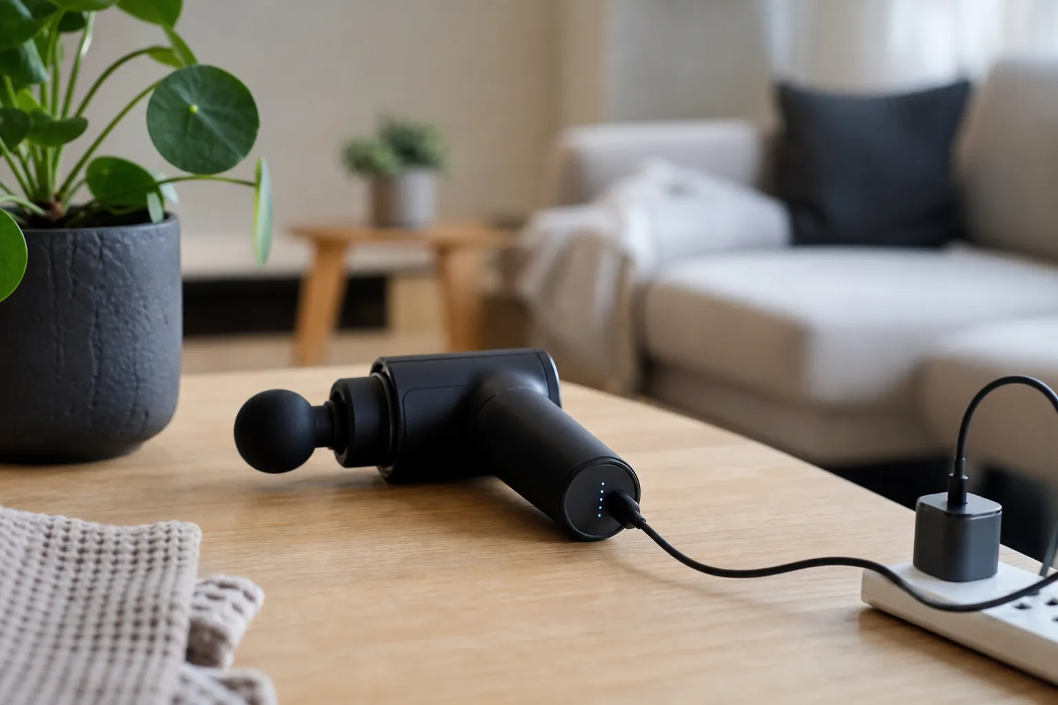 Generisk massagepistol som laddas via USB-kabel på ett skrivbord