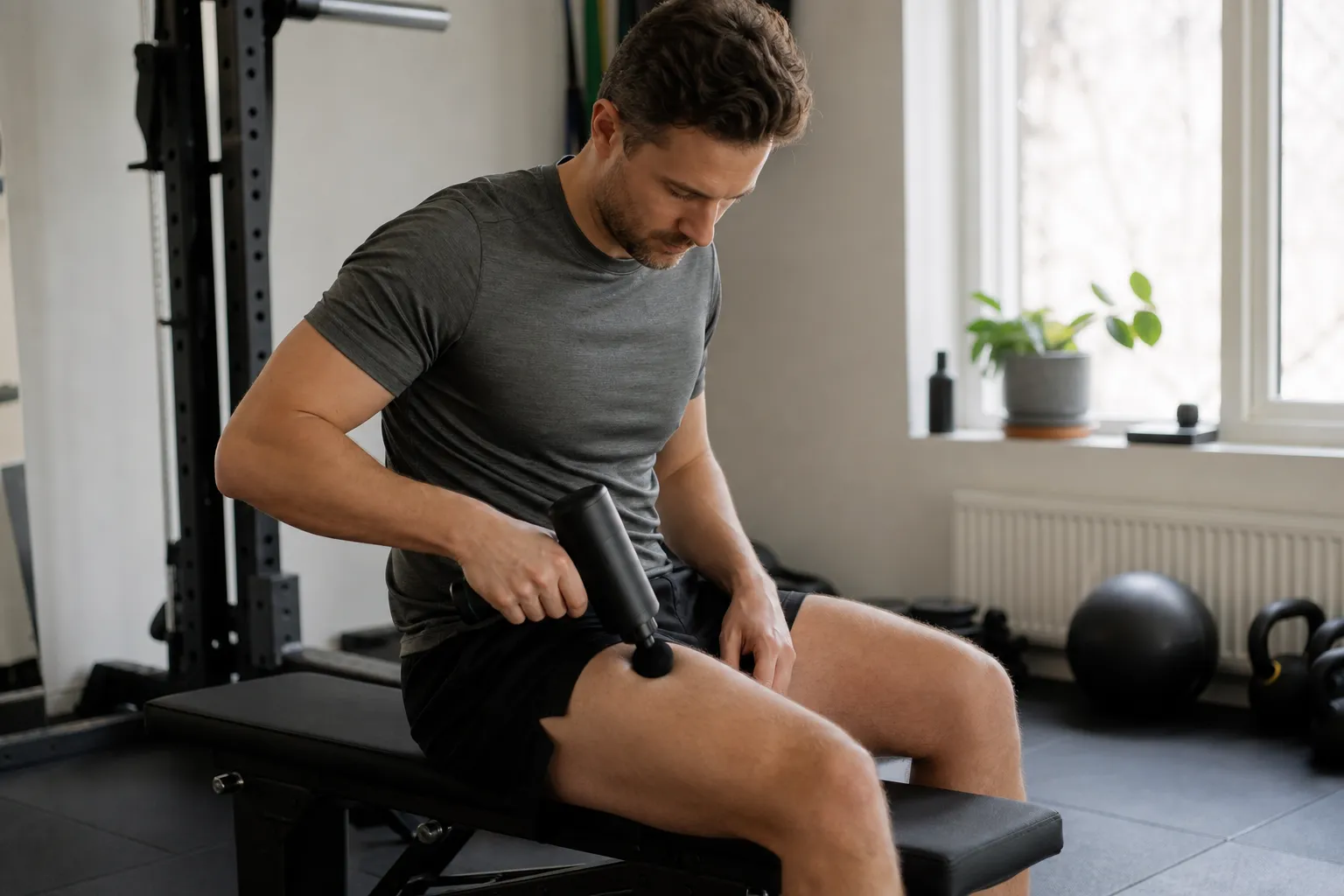 Person i träningskläder som sitter på en bänk i gymmet och använder en generisk massagepistol på låret direkt efter ett träningspass