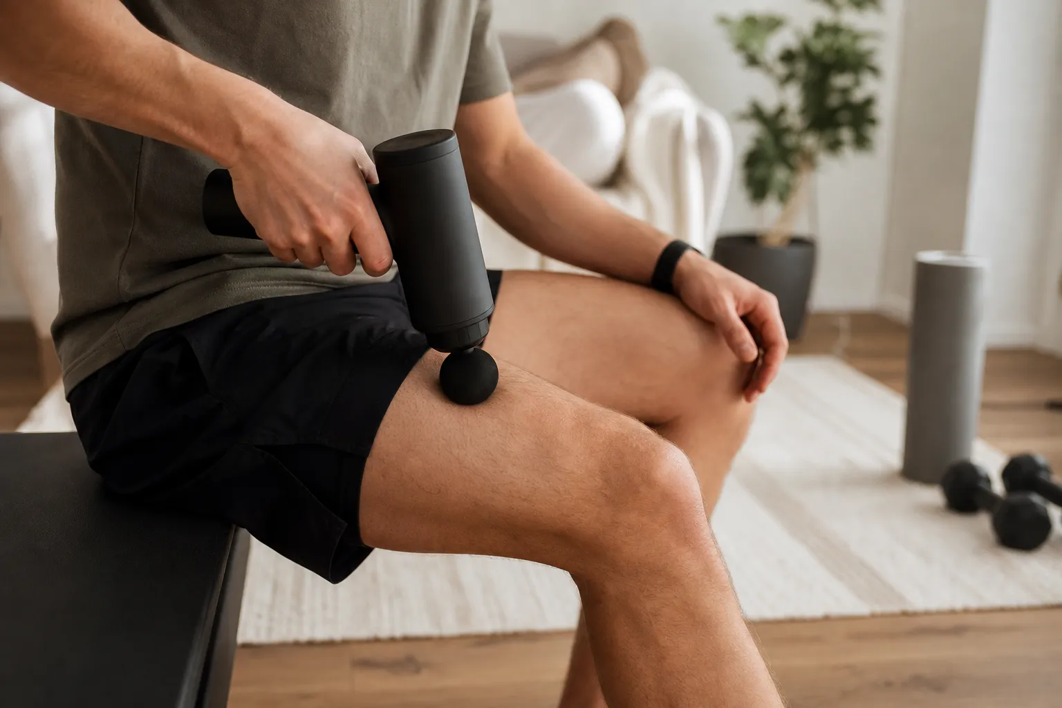 Person som håller en generisk massagepistol vinkelrätt mot låret i ett ljust vardagsrum