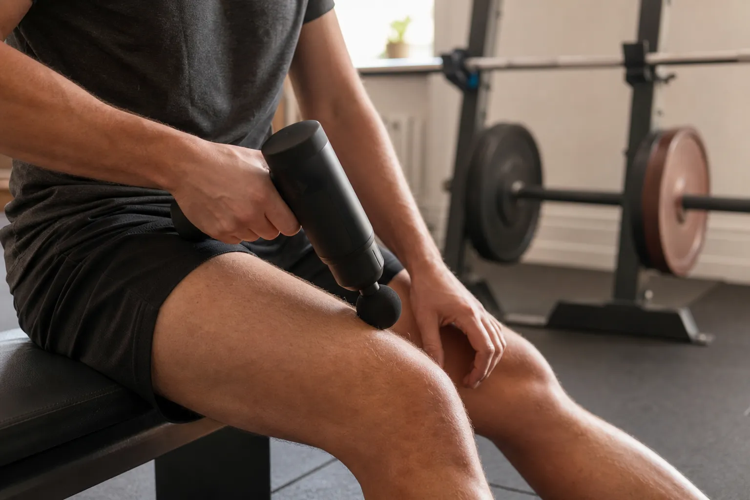 Tyngre generisk massagepistol som används på ett lår i ett hemmagym med skivstänger i bakgrunden