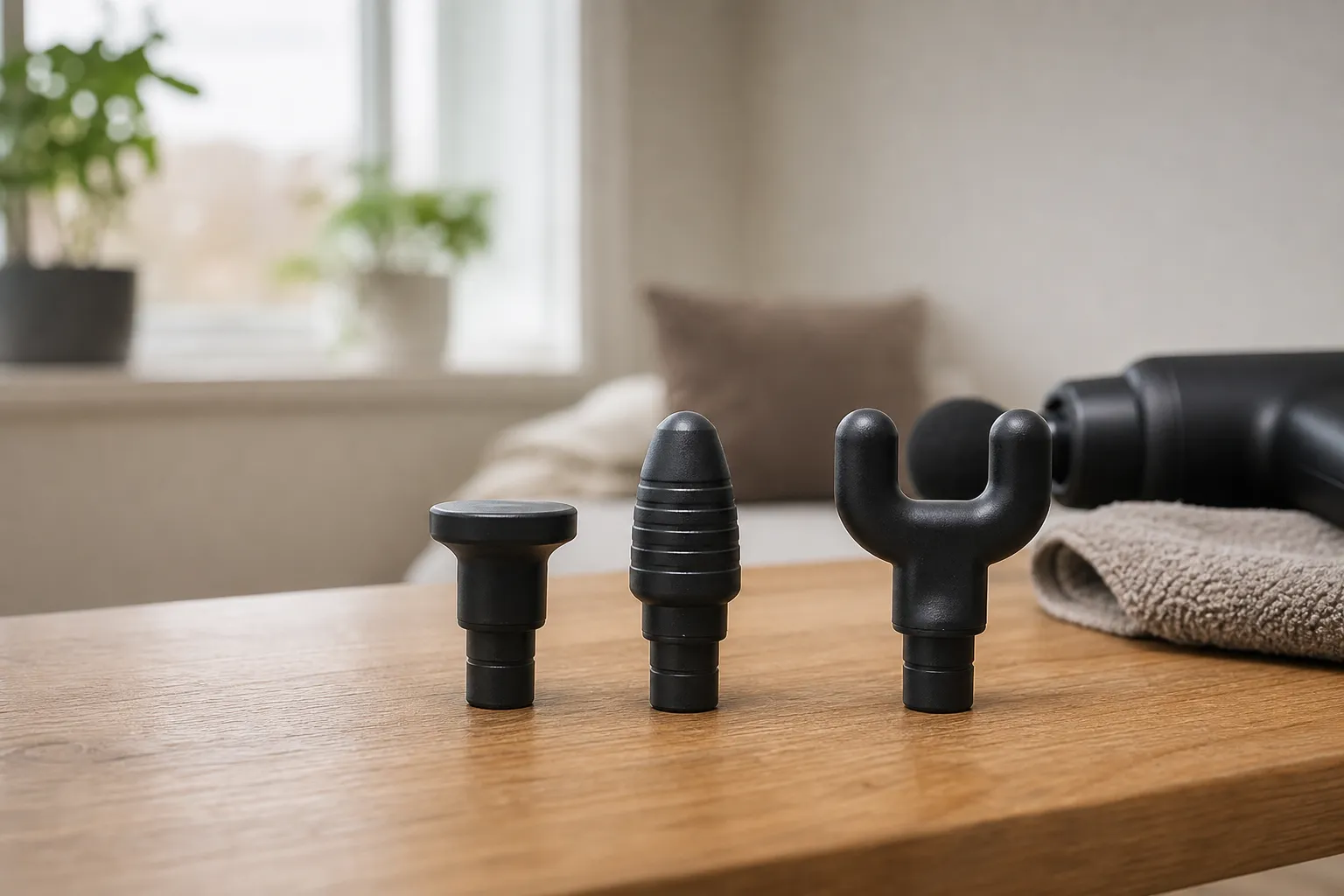 Uppradade utbytbara munstycken till en generisk massagepistol på ett träbord: platt, konformat och gaffelformat huvud