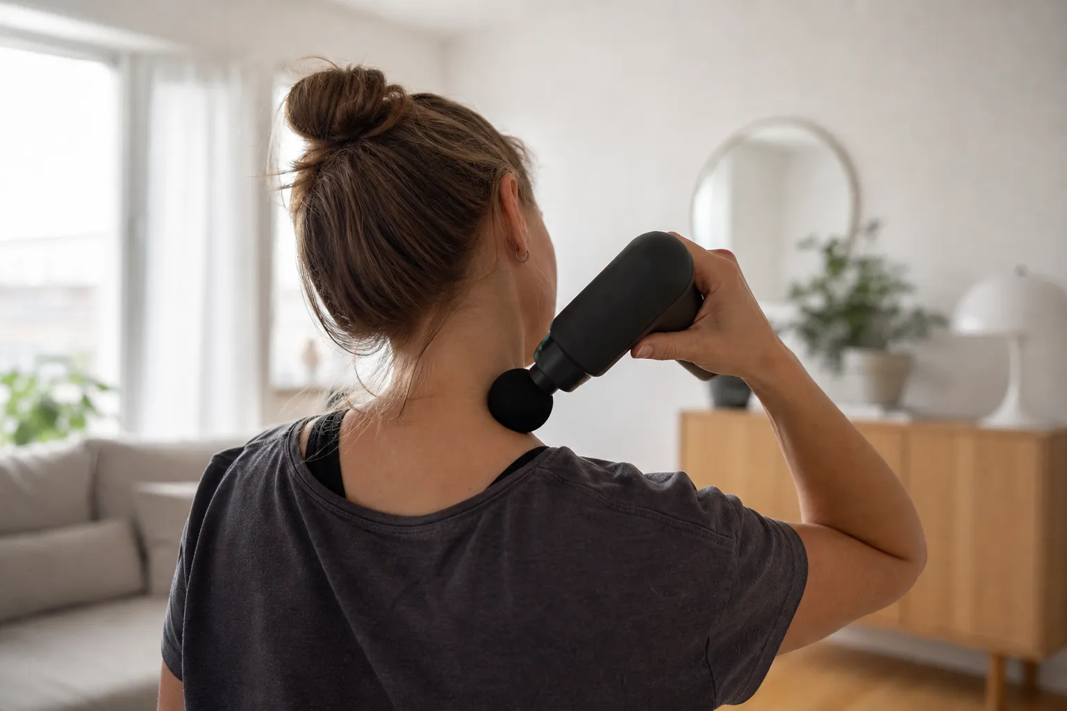 Person som försiktigt håller en generisk massagepistol mot sidan av nacken, långt från strupen
