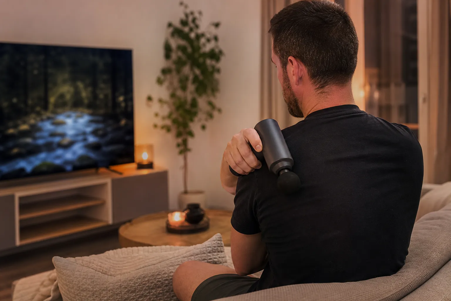 Person som använder en generisk massagepistol tyst på soffan framför en tv i ett mysigt vardagsrum kvällstid