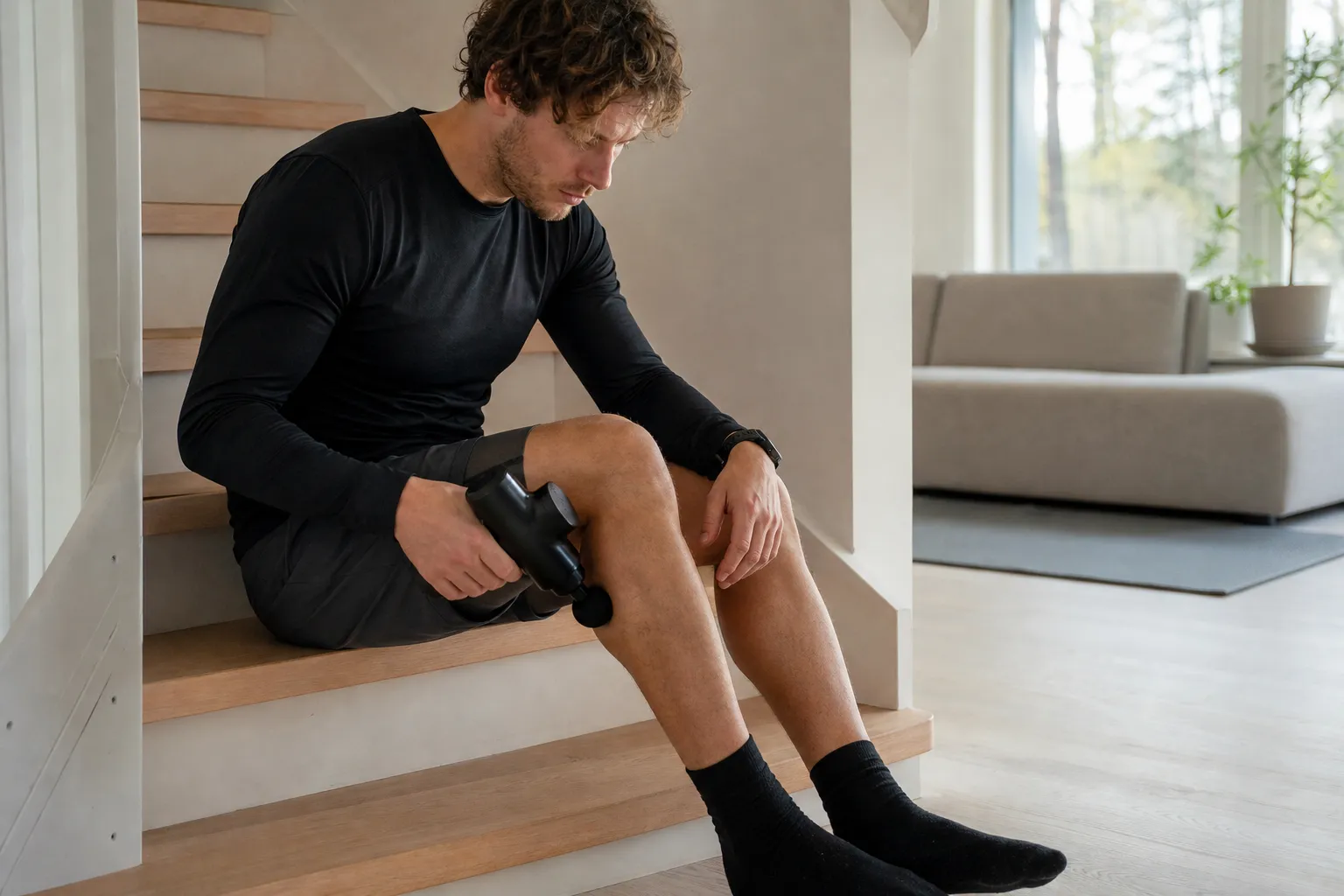 Löpare som sitter på en trappa och håller en generisk massagepistol mot vadmuskeln