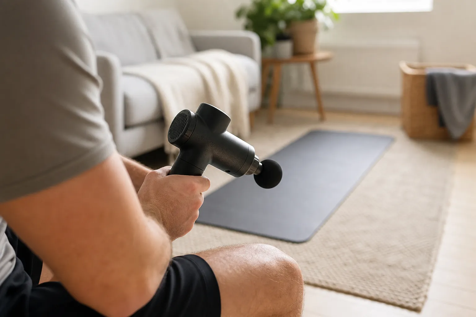 Person som håller en generisk massagepistol i handen i ett ljust vardagsrum med en yogamatta i bakgrunden
