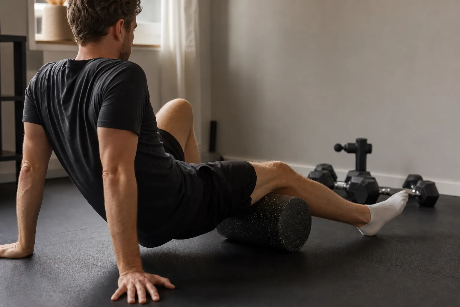 Person i ett hemmagym som använder en foam roller på låret efter ett styrkepass, med hantlar och en massagepistol i bakgrunden