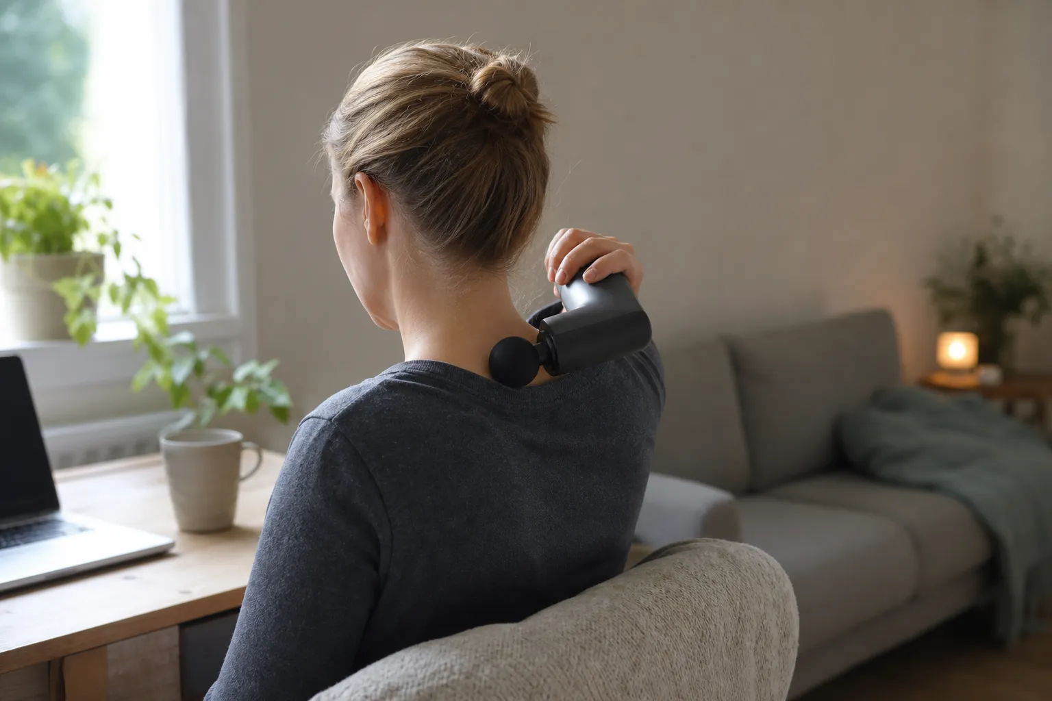Person vid ett skrivbord som masserar sin egen axel med en liten massagepistol under en paus från skärmarbetet