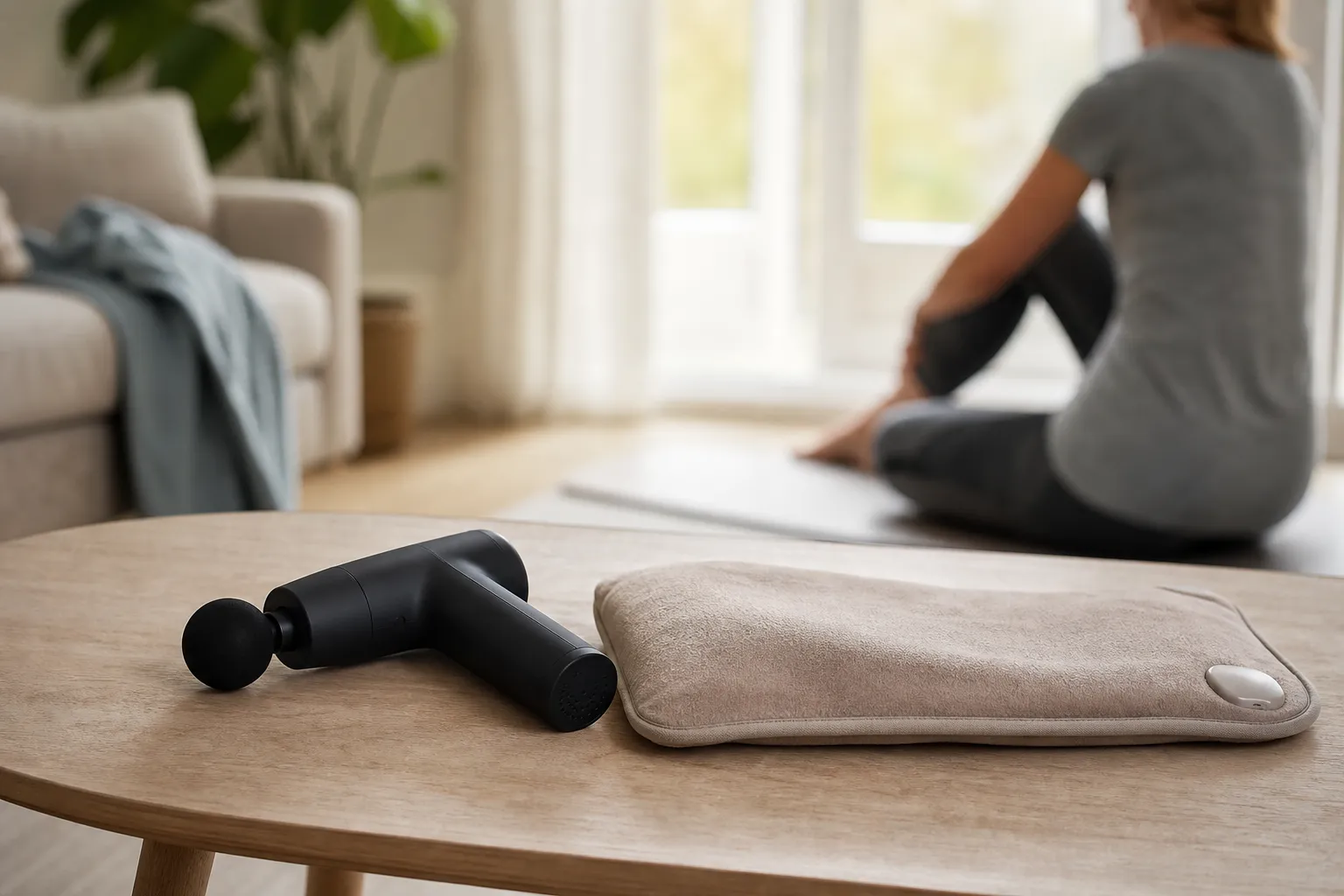 Två redskap sida vid sida på ett bord, en massagepistol och en värmekudde, i ett ljust skandinaviskt hem