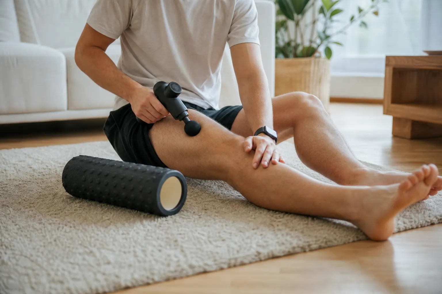 Person som sträcker på benen i ett ljust vardagsrum med en massagepistol och en foam roller liggande bredvid på golvet