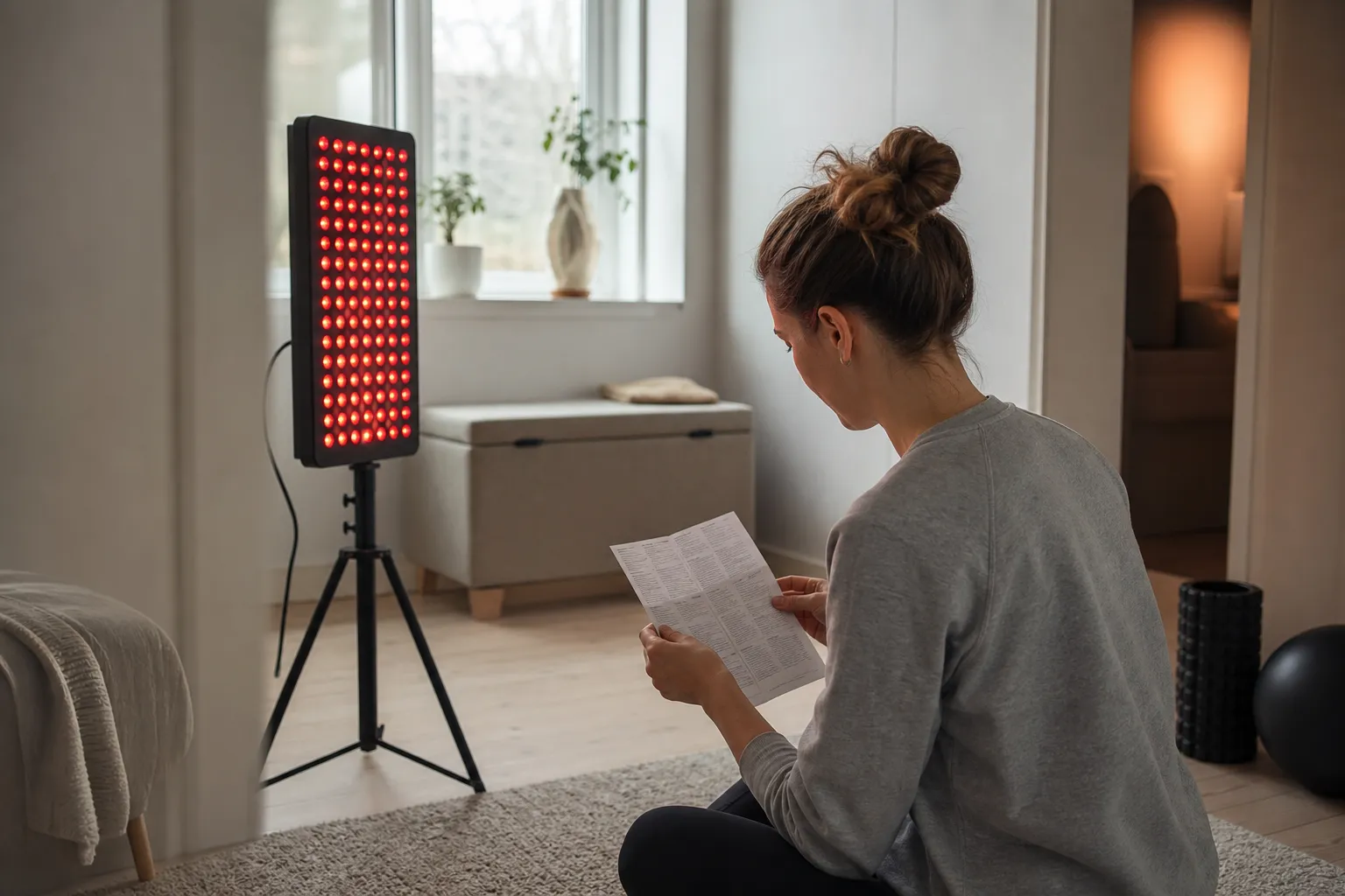Person som läser produktspecifikationer bredvid en rödljuspanel på stativ