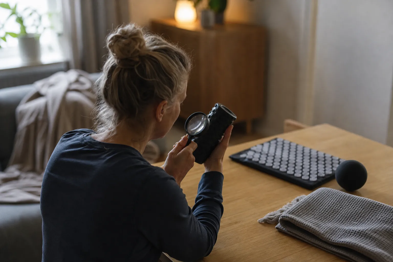 Person som granskar en produktförpackning med förstoringsglas vid ett skrivbord
