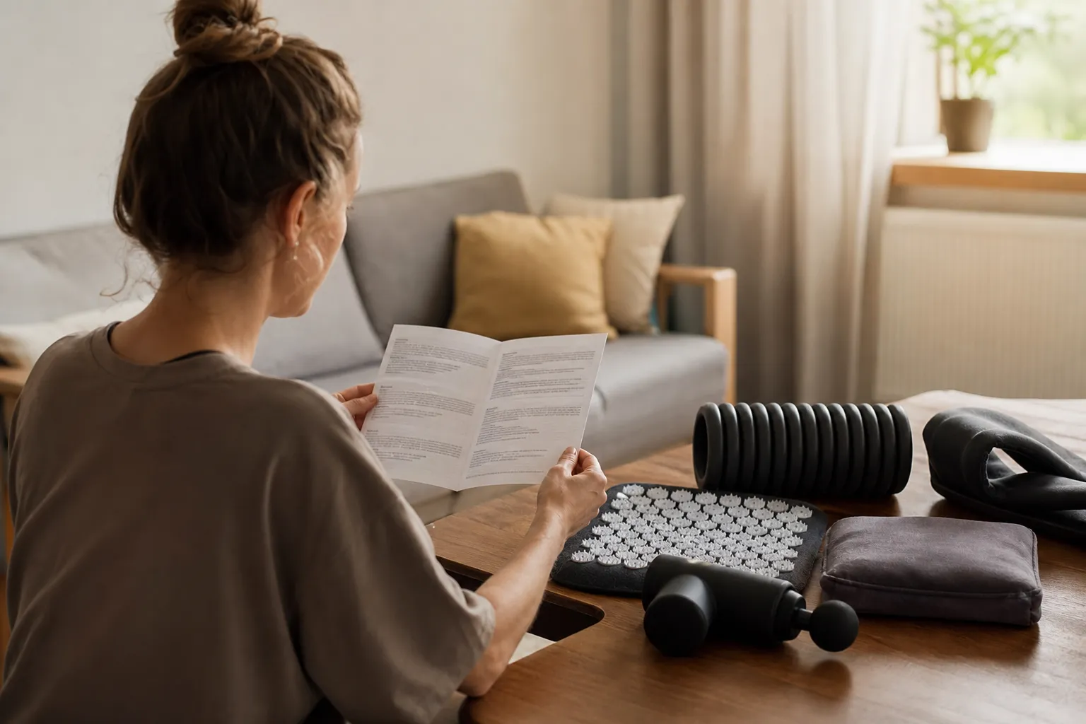 Person som läser en bruksanvisning bredvid några hemmaprodukter för massage och värme