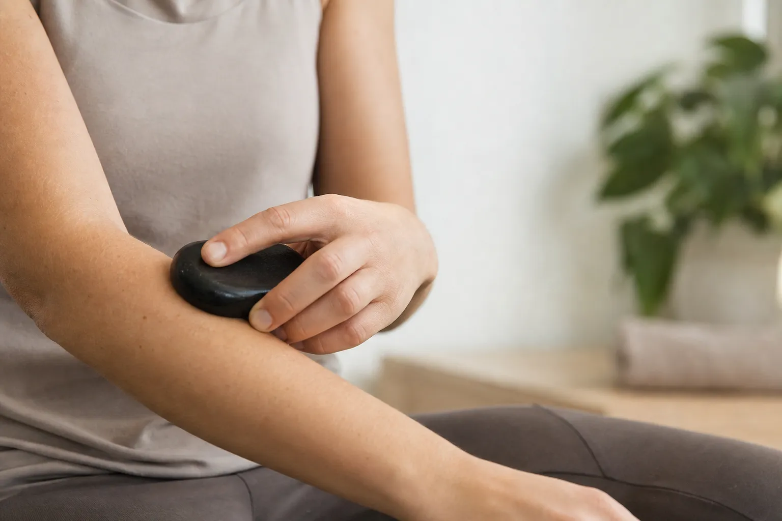 Person som försiktigt testar temperaturen på en varm massagesten mot underarmen innan användning