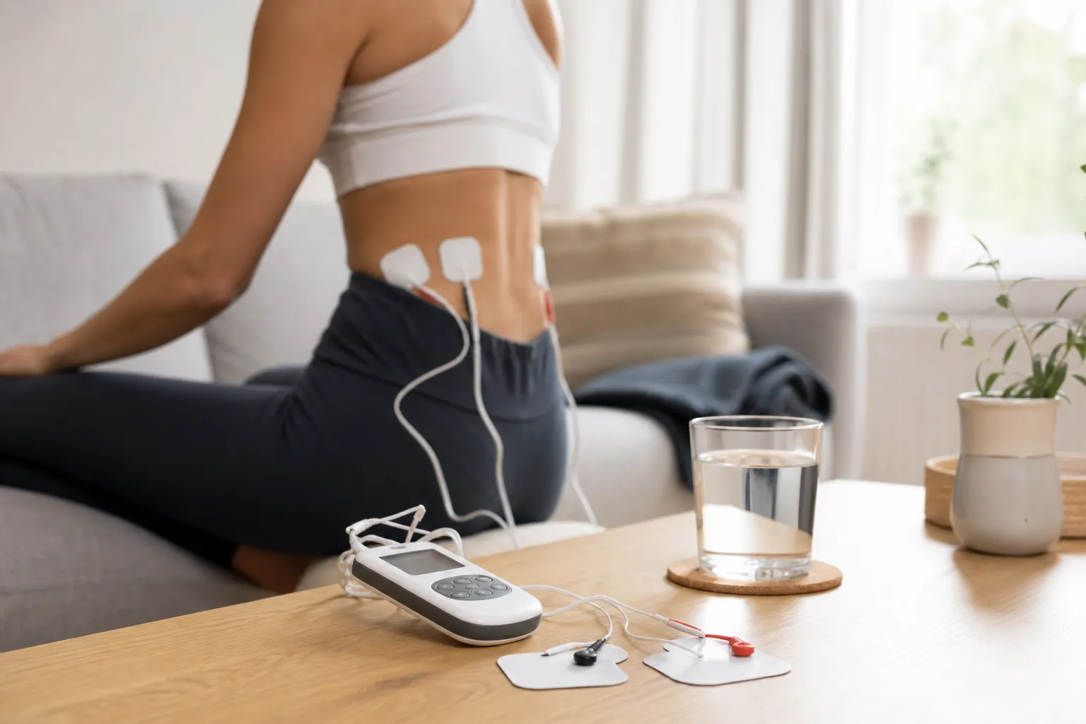 TENS-apparat med elektroder och sladdar på ett bord i ett ljust hem