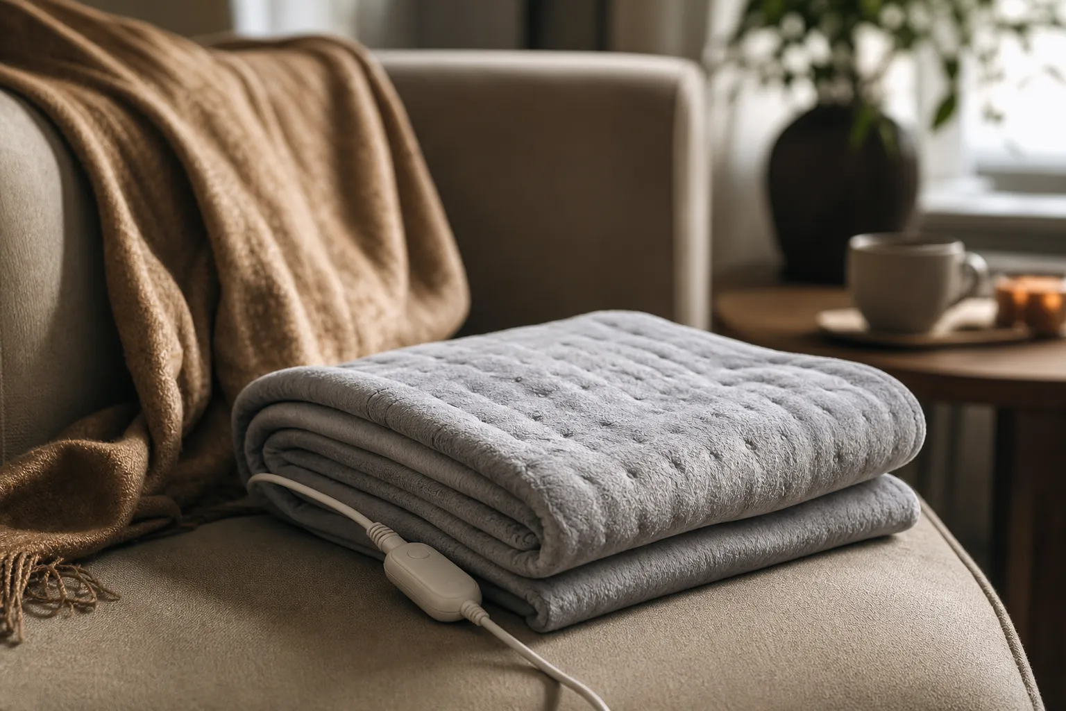 Hopvikt elektrisk värmedyna med textilöverdrag och sladd på en soffa