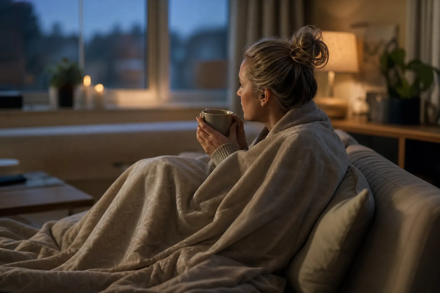 Person insvept i en elektrisk filt i soffan en kväll med en kopp te