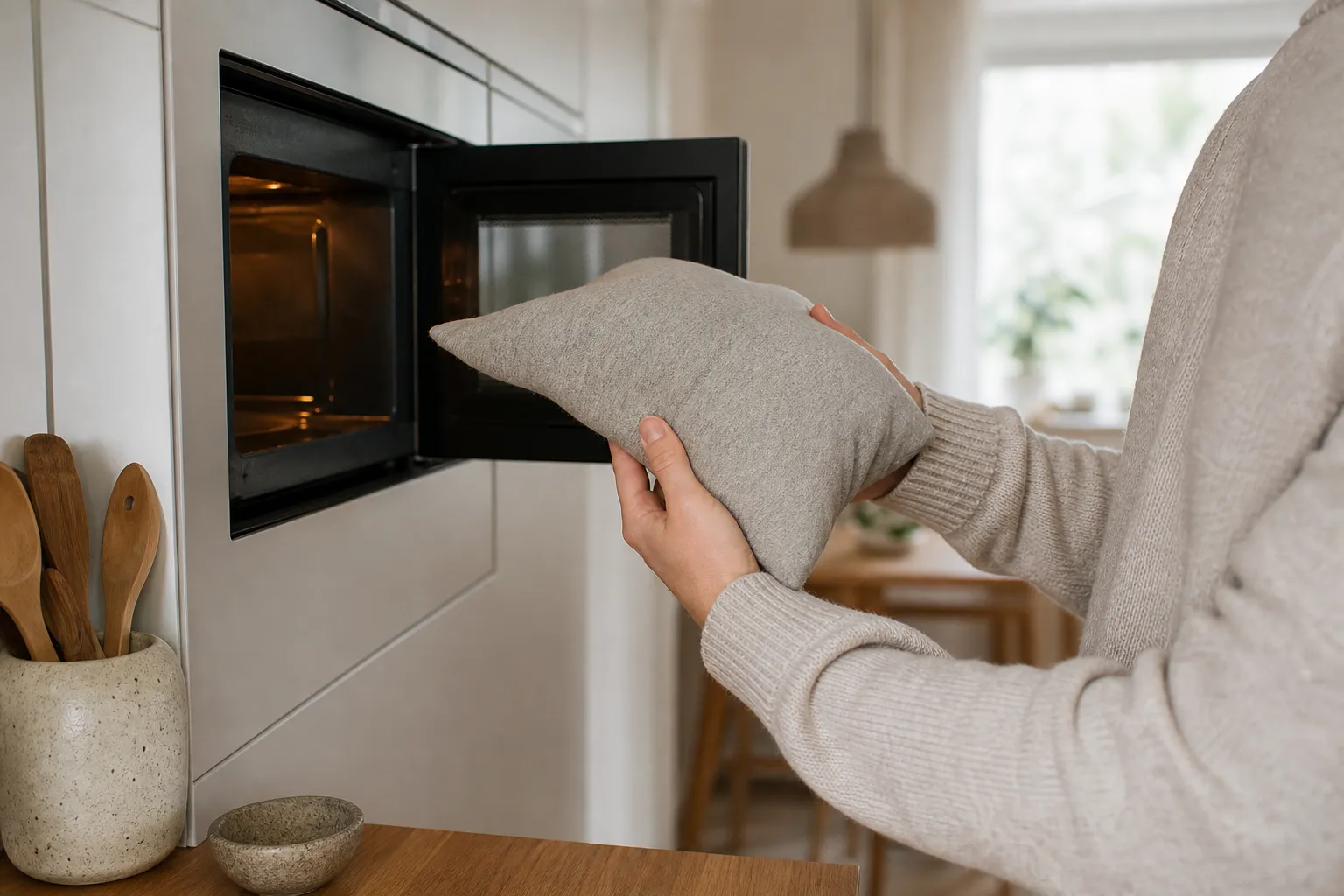 Kornkudde som värms i mikrovågsugn i ett skandinaviskt kök