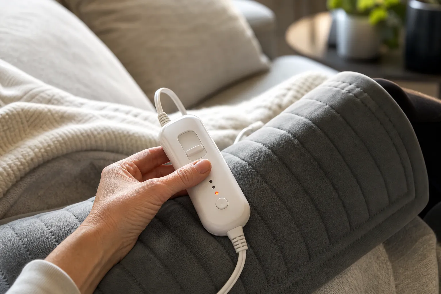 Hand som kontrollerar sladden och kontrollpanelen på en elektrisk värmedyna