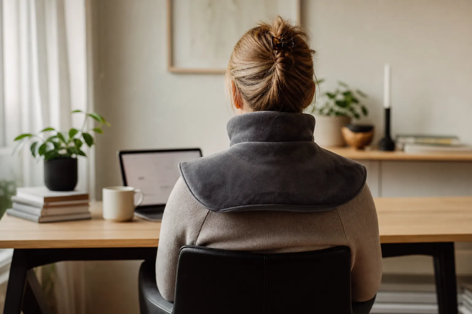 Person med en värmekudde runt nacke och axlar vid ett skrivbord