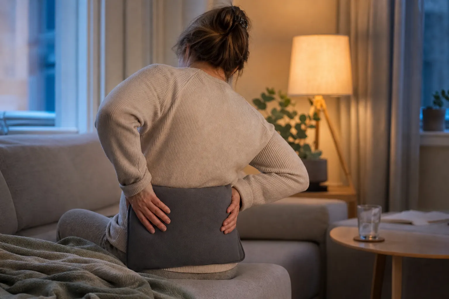 Person som håller en värmedyna mot nedre ryggen i ett skandinaviskt vardagsrum en kväll